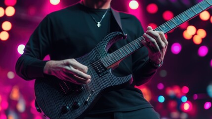 Obraz premium Close-up of musician playing electric guitar on stage with colorful lights.