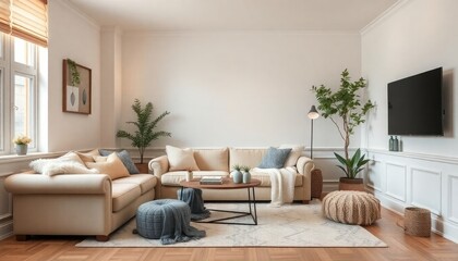 Obraz premium Student Living Room with Cozy Textures featuring plush fabrics, cozy throws, and warm lighting. The skirting boards are painted in a soft matte finish