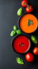 Fototapeta premium Two bowls of soup with red and orange colors and a bunch of tomatoes and basil