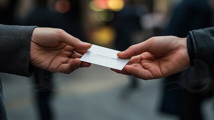 Hands exchanging a simple blank business card