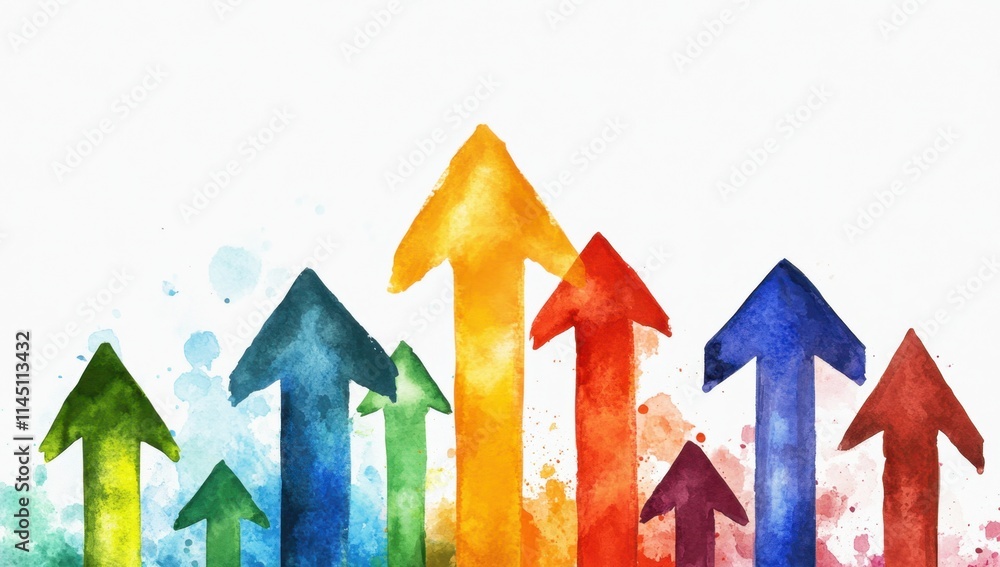 Poster a set of colorful arrows pointing upwards, symbolizing growth and progress on a white background the