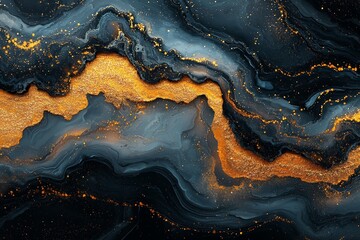 Elegant black marble featuring gold accents and flowing illustrations.