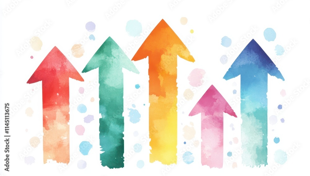 Poster a row of colorful arrows pointing upwards, symbolizing growth and progress isolated on white backgro