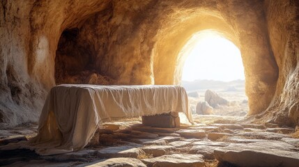Empty tomb with shroud on stone table. resurrection morning of Jesus Christ.