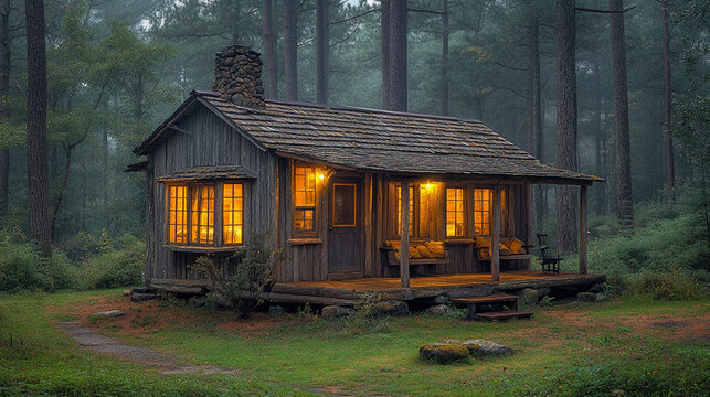 tiny home made from reclaimed wood, nestled among dense pines, with soft yellow lighting spilling through its windows at twilight