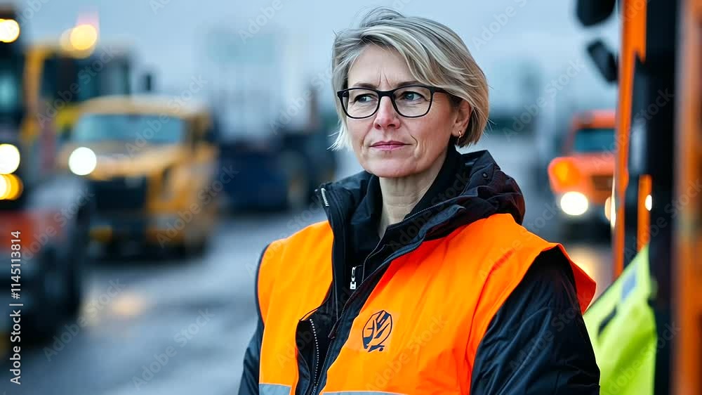 Aufkleber a middle-aged woman in a high-visibility jacket stands at the edge of a truck loading zone, overseei