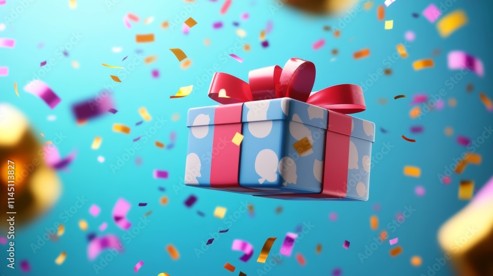 Poster a box with a red bow on top of it is flying through a cloud of confetti