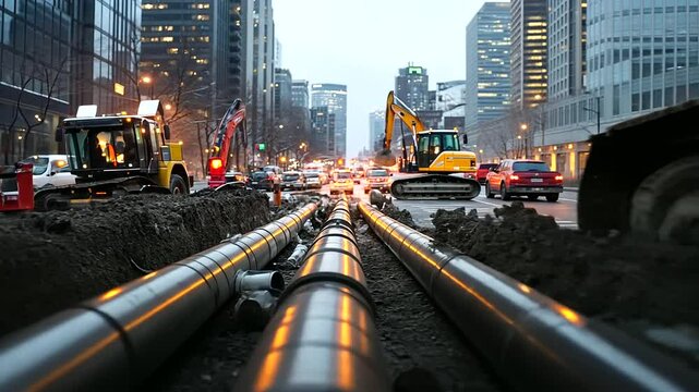 A trench filled with neatly installed water pipeline sections, with tools and machinery scattered in the background and city traffic passing by.