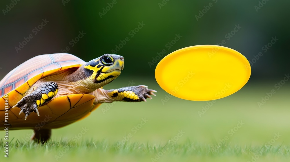 Poster a yellow frisbee is in the air and a turtle is trying to catch it