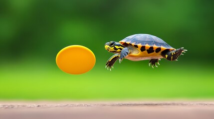 A turtle is jumping in the air to catch a frisbee