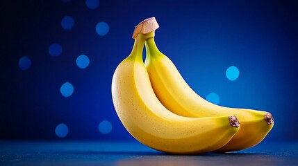 Two bananas are sitting on a blue surface