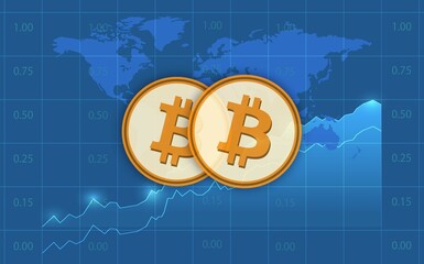 images of the bitcoin-btc logo on a digital background. 3d illustrations.