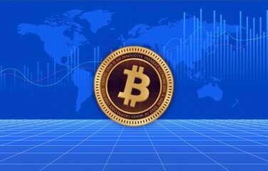 images of the bitcoin-btc logo on a digital background. 3d illustrations.