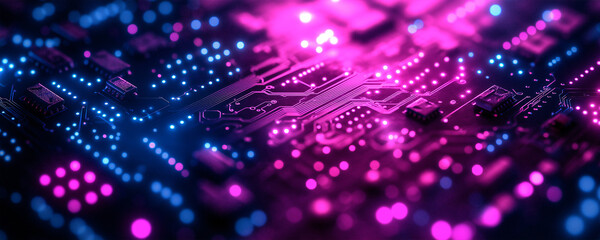 Fototapeta premium Close-up view of an electronic circuit board with glowing pink and blue components, set against a high-tech background, illustrating the power of AI in today's technological landscape.