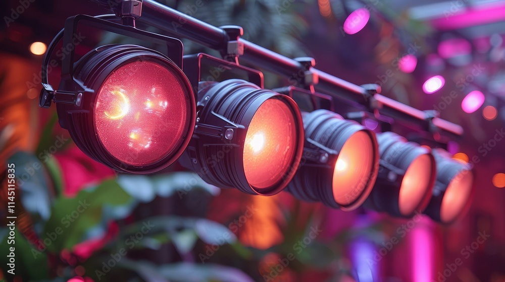 Poster a row of stage lights casting a warm pink glow in a vibrant setting with greenery.