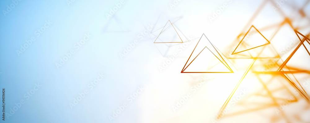 Poster abstract triangles floating and connecting in a soft blue and golden light with digital art theme or
