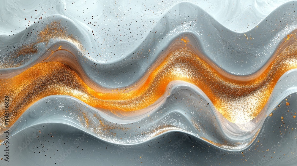 Poster the sight of a wave-like flow of metallic textures set against a golden backdrop.