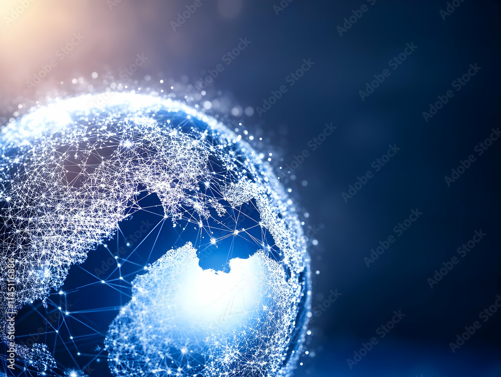 Poster global network connects continents and countries with data transfer and communication technology.
