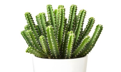 Green cactus plant in a white pot.