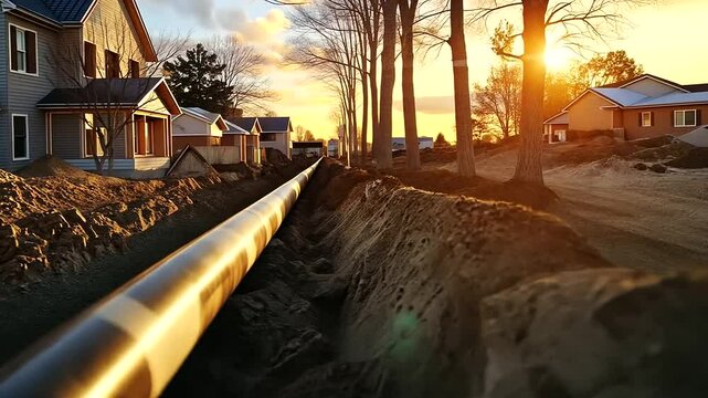 Bright sunlight illuminates the smooth surface of a plastic sewer pipe being buried in a trench, with wooden construction forms framing the background.