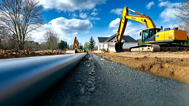 A sewer pipe trench is captured mid-installation, with gravel bedding laid out and a newly constructed house visible in the distance.