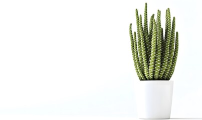 Green plant in white pot against white background.