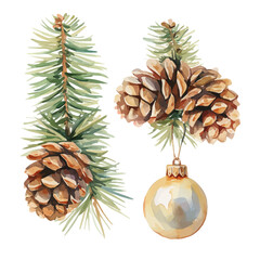 watercolor Christmas pine cones and snow painting collection isolated on a white background, vector flat watercolor design painting, Christmas branch