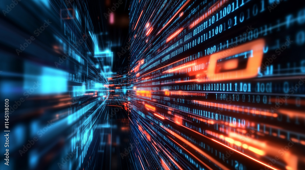 Poster dynamic representation of data streams flowing through a digital landscape in futuristic style
