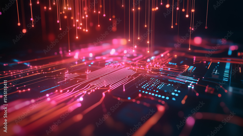 Poster digital circuits illuminated by colorful lights in a futuristic design showcasing technology and inn
