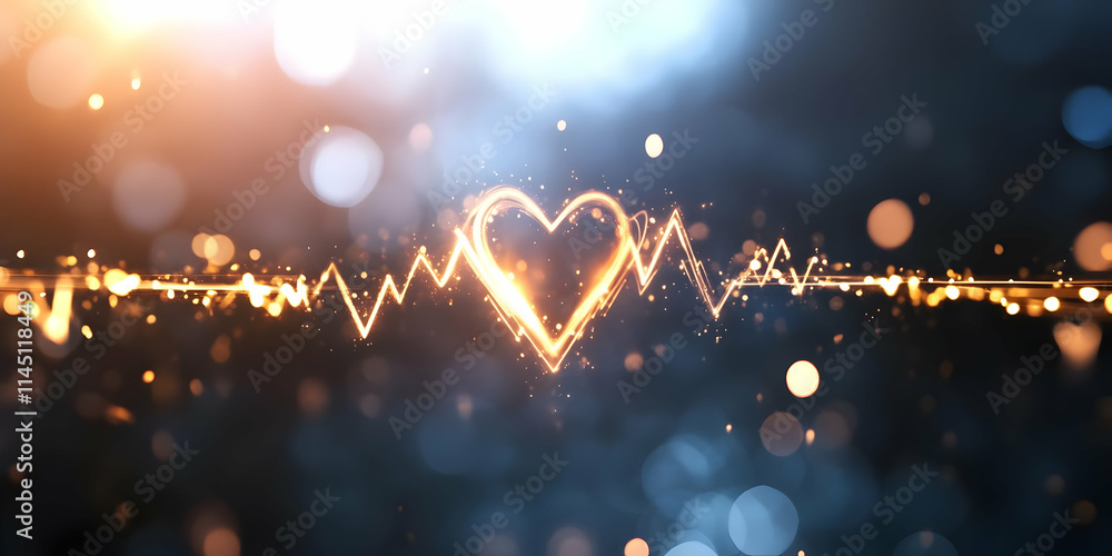 Aufkleber golden heartbeat flows with energy and sparkles across dark background with soft bokeh effect, repre