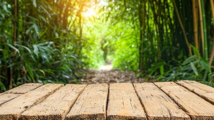 Fototapeta premium A wooden table in a lush bamboo forest with sunlight filtering through.
