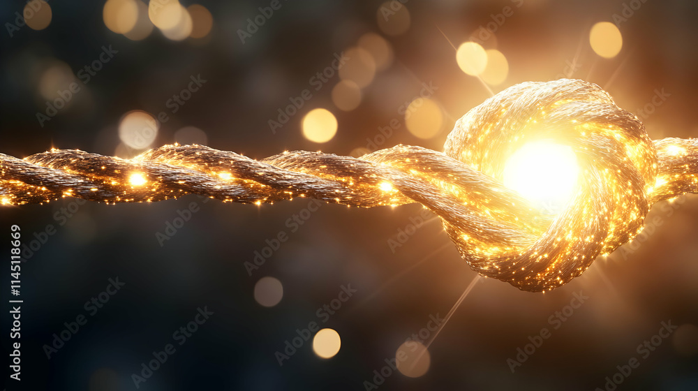 Poster golden rope creates a knot with sparkling light and bokeh effect, connection and unity concept.
