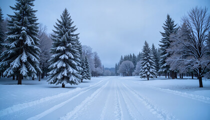 Obraz premium Snowy pathway leading through a winter landscape lined with frosted trees under a cloudy sky