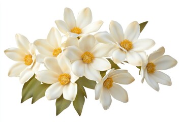 Cluster of creamy white flowers with yellow centers and green leaves, isolated on white background.
