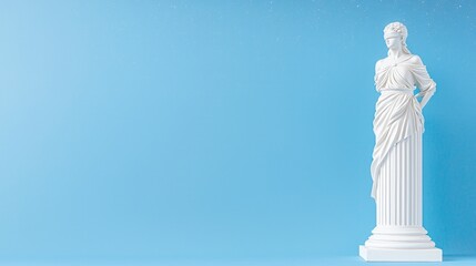 White statue of a Greek goddess on a blue background.