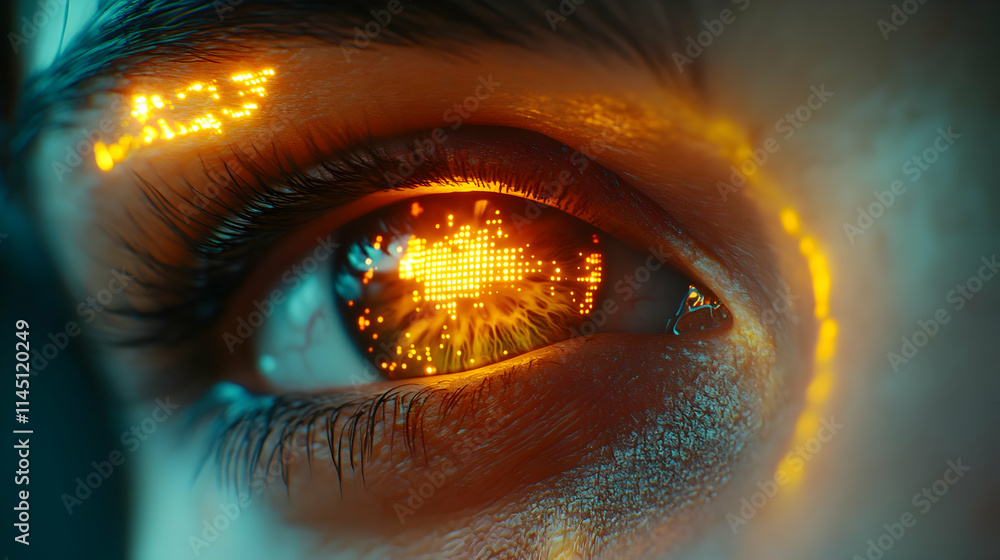 Poster eye reflecting digital data streams with futuristic technology and visual perception concept, blur b