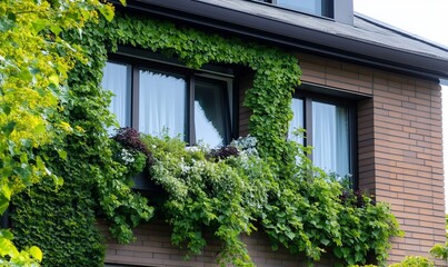 A green-covered window with lush plants enhancing the building's facade.