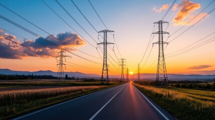 Majestic Sunset Over Power Lines and Tranquil Road in Scenic Rural Landscape