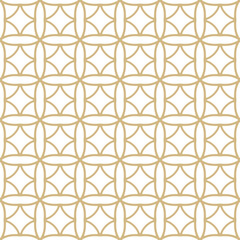 Gold and white vector seamless pattern. Simple floral grid geometric ornament. Abstract luxury background texture with curved lines, flower silhouettes, lattice, repeat tiles. Golden elegant design
