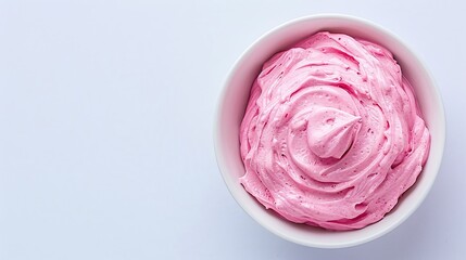 Bowl of strawberry mousse with mint leaves and fresh strawberries on a white background, flat lay dessert photography, creamy and fruity dessert concept, minimalistic design with copy space for text.
