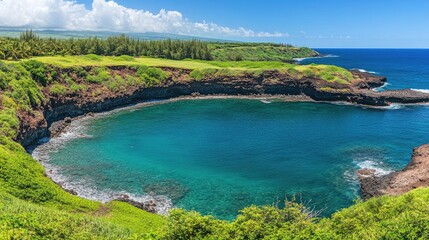 Fototapeta premium Secluded Turquoise Cove Nestled Within Lush Tropical Landscape