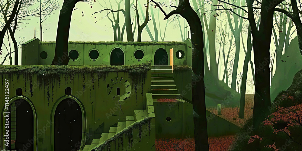 Poster moss-covered structure in a forest setting