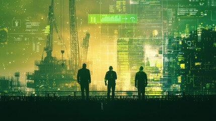 Three engineers overseeing an offshore oil rig construction site with futuristic digital interface overlay.