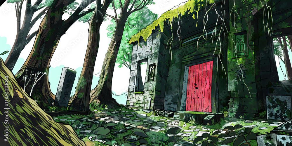 Poster overgrown stone structure and forest path