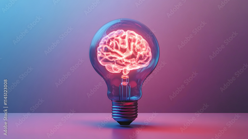Poster a striking visual of a brain lighting up within a bulb, representing imaginative thinking and intell