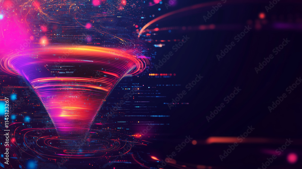 Poster colorful abstract vortex design showcasing swirling patterns and glowing particles in a digital envi