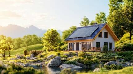 Obraz premium Nowoczesny, ekologiczny dom z panelami słonecznymi otoczony bujną zielenią i malowniczym krajobrazem górskim