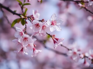 Obraz premium Pink sakura petals falling in soft focus background, tranquility, delicate