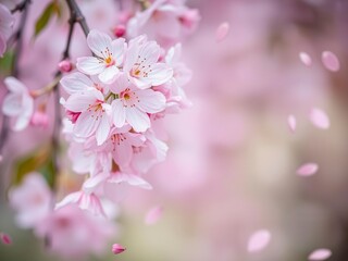 Obraz premium Soft pink sakura petals gently falling against a blurred background, cherry blossom, background, beauty