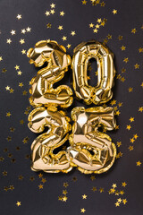 New year 2025 balloon celebration card. Gold foil helium balloons number 2025, party decoration,...